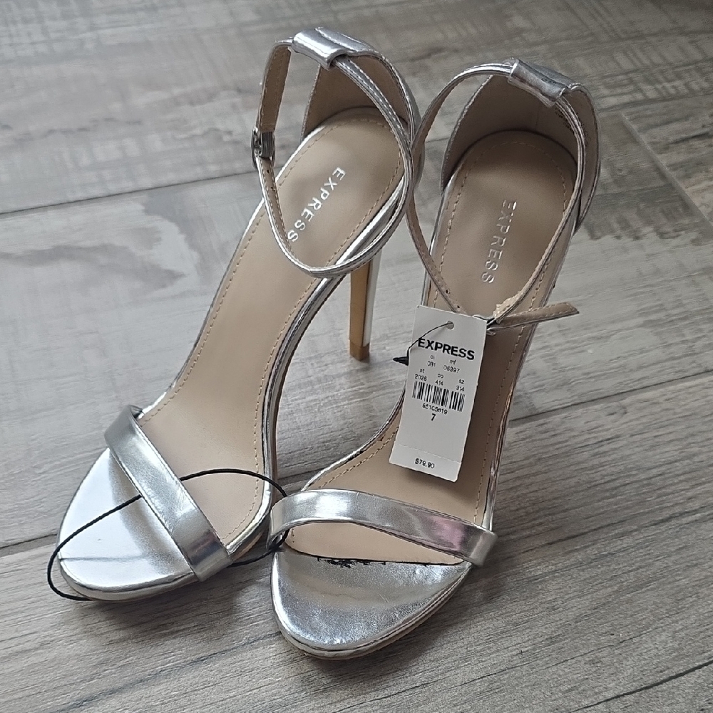 Express Metallic Silver Ankle Strap Heels